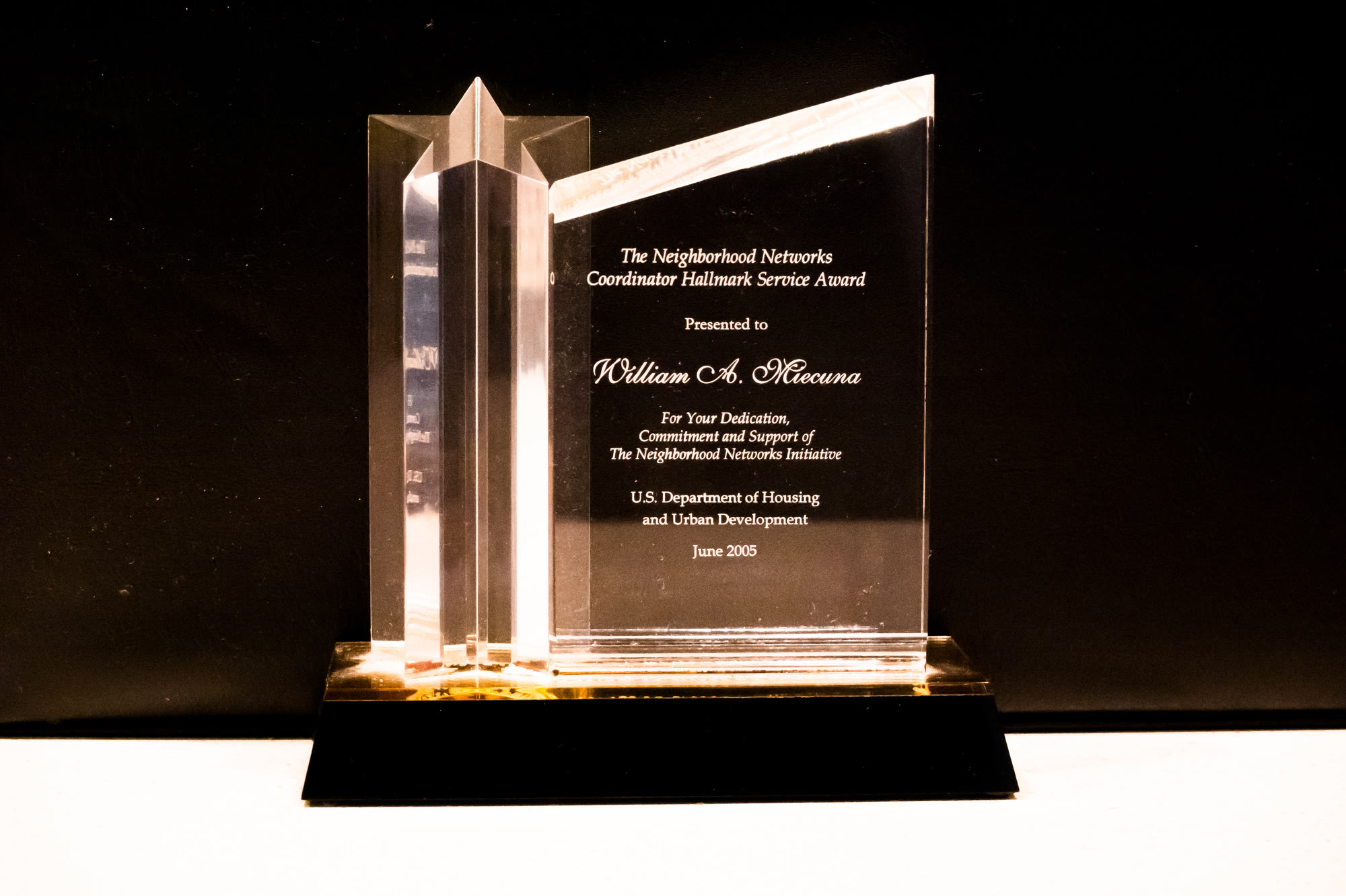 Crystal obelisk award: Neighborhood Networks Coordinator Hallmark Service Award, June 2005