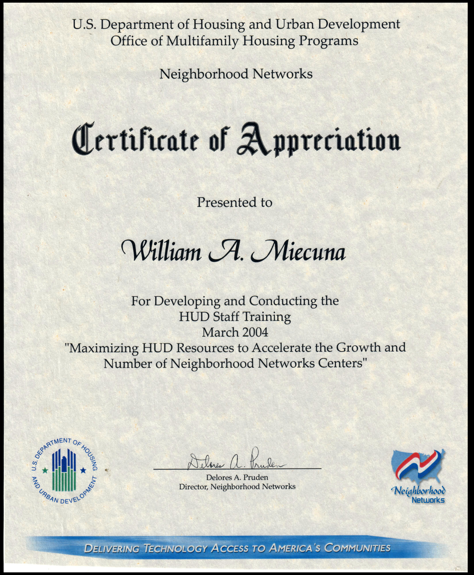 Certificate of appreciation for developing and conducting HUD staff training, March 2004