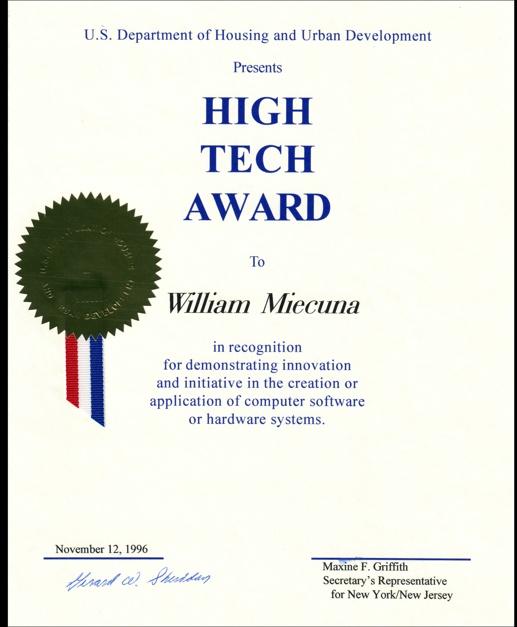 High Tech Award certificate, November 1996