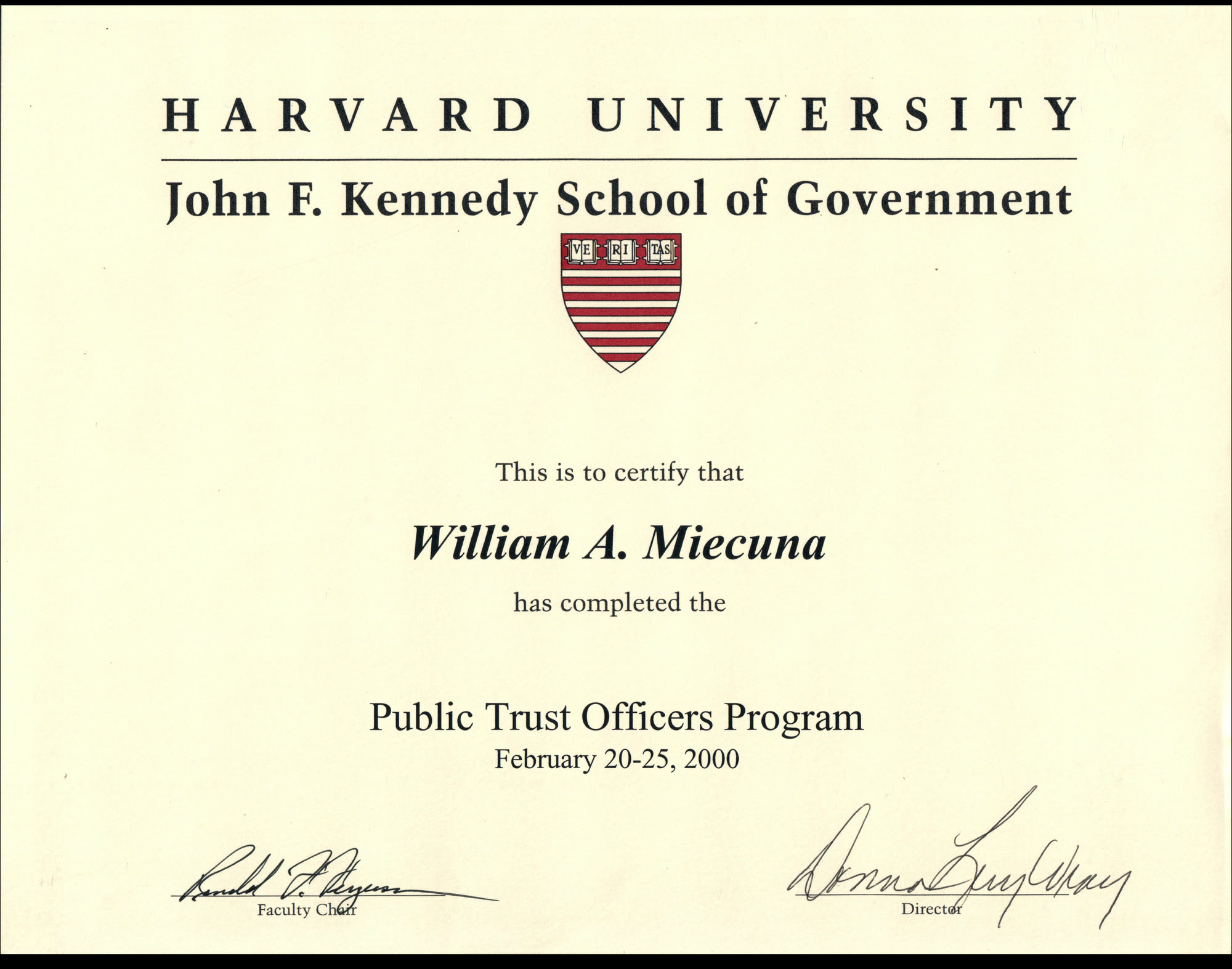 Harvard Kennedy School certificate for the Public Trust Officers Program, February 2000