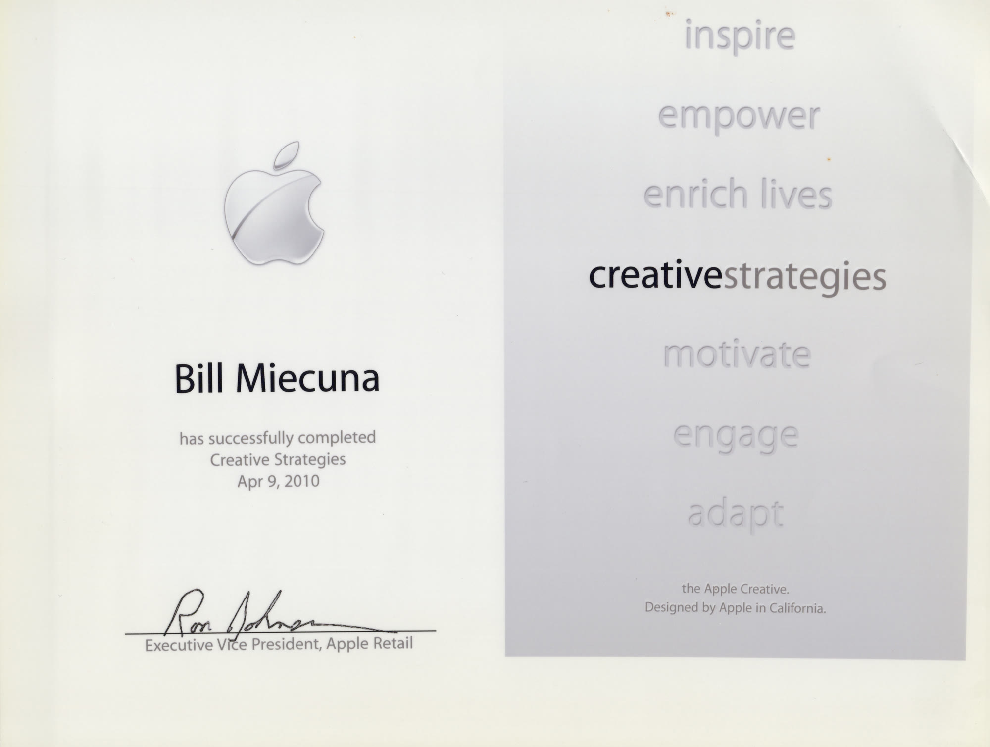 Apple Creative Strategies certificate for Bill Miecuna, April 2010